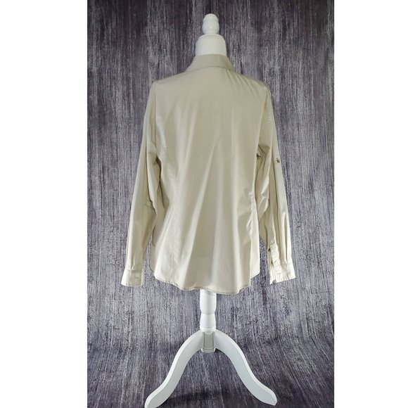 Travelsmith Cotton Button Up Tunic Shirt Roll Tab Sleeve Ivory Hi Low Large L - Picture 3 of 5